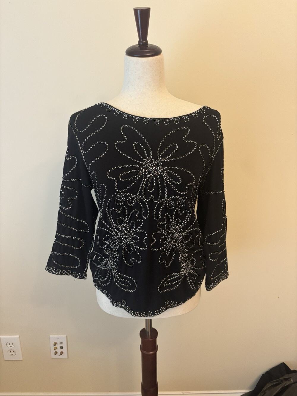 Once Again VTG Blouse Black 3/4 Sleeve Stretch Embroidered Boho size petite L